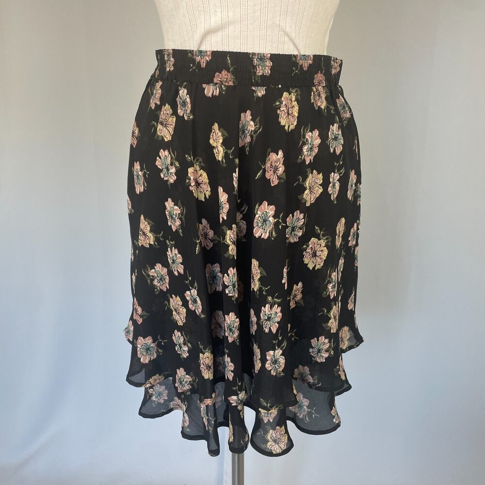 Y2K Mini Skirt Medium Black Pink Floral Flirty Asymmetrical Chiffon Feminine - Picture 8 of 13